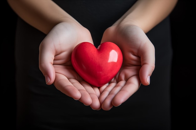 Front view of hand holding heart shape on a black background