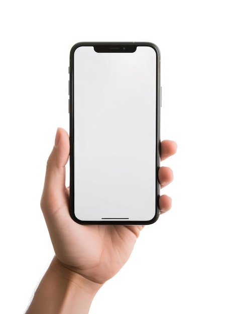 白い背景に分離されたスマートフォンを持つ手の正面図