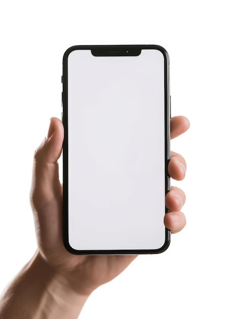 Front view of a hand holding a smartphone isolated on a white background