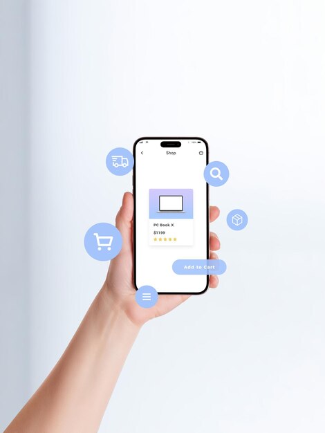 Front view of hand holding smartphone online shop app displayed on screen with laptop price and rating floating eCommerce icons representing digital shopping concept