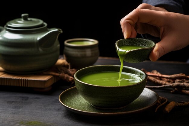 Photo front view of hand pouring matcha tea in cup