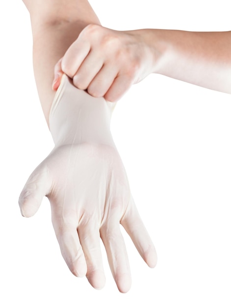 Photo front view of hand wears latex glove on hand