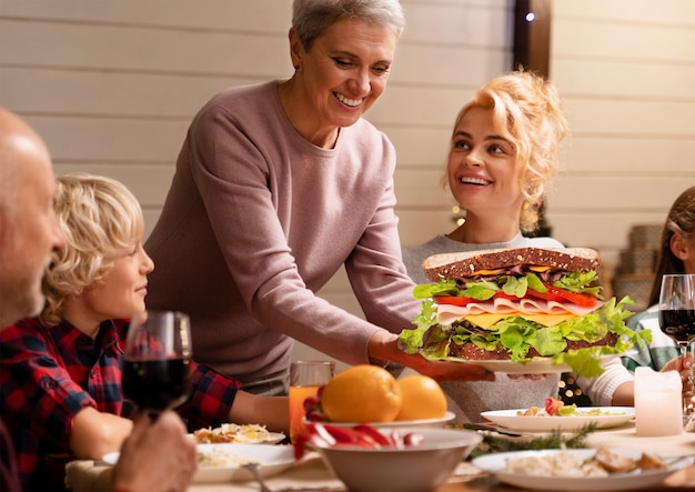 front view happy family with giant food