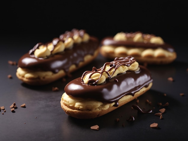 Foto front view heerlijke choco eclairs op donkere achtergrond