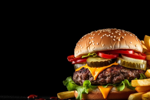 Front view heerlijke vlees cheeseburger met friet op donker oppervlak