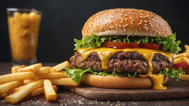 Front view heerlijke vlees cheeseburger met friet op donkere achtergrond diner burger snack fastfoo