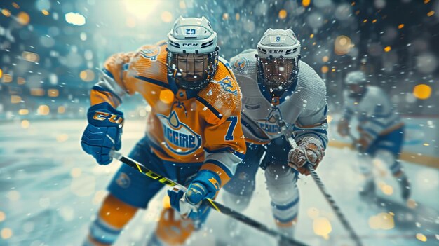 Foto vista anteriore di giocatori di hockey che competono in una partita su una competizione