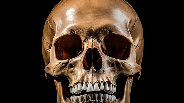 Photo front view of a human skull on a silent black