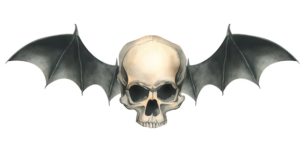 Front view human skull with black bat wings for death day holiday and halloween watercolor