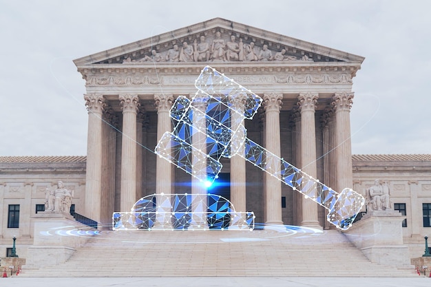 Front view of iconic building of United States Supreme Court at day time Washington DC USA Judicial branch Glowing hologram legal icons The concept of law order regulations and digital justice