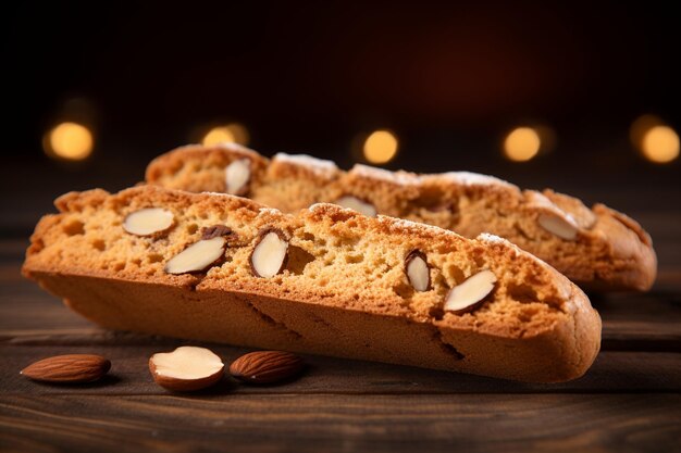 Photo front view of italian bakery cantuccini with almond over wood brown background