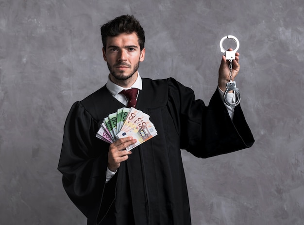Foto giudice di vista frontale con manette e banconote