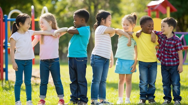 Photo front view of kids greeting with elbow bump