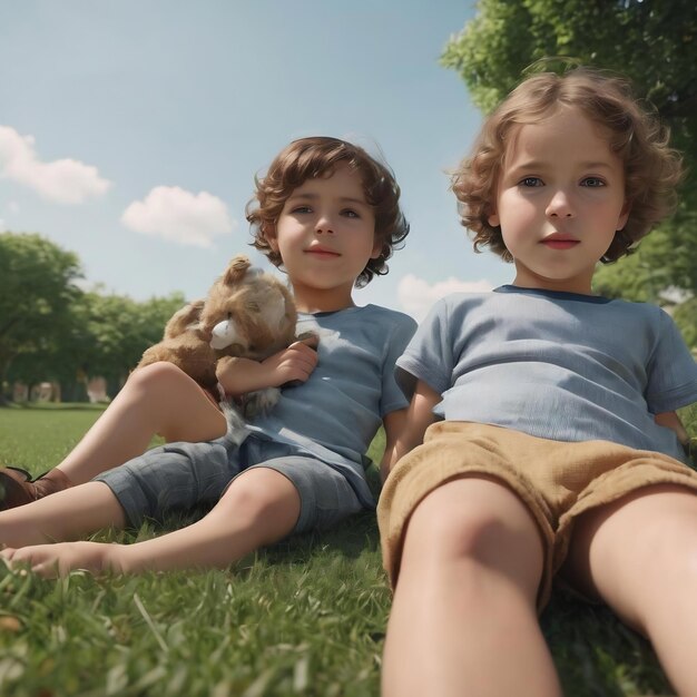 Front view kids laying on grass