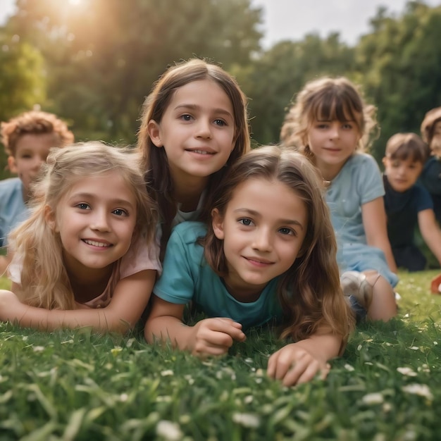 Front view kinderen liggen op het gras