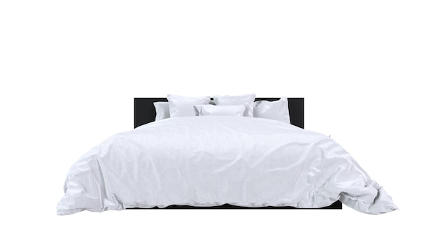흰색 배경에 고립 된 킹 사이즈 침대의 전면 보기
