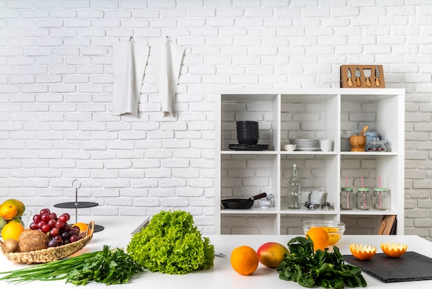 Front view of kitchen with utensils and ingredients