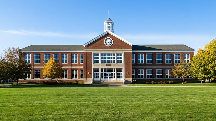Photo 大きなレンガの学校の建物のフロントビュー