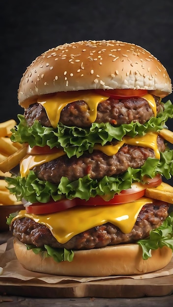 Front view lekker vlees cheeseburger met friet op donkere achtergrond diner hamburgers snack fastfo