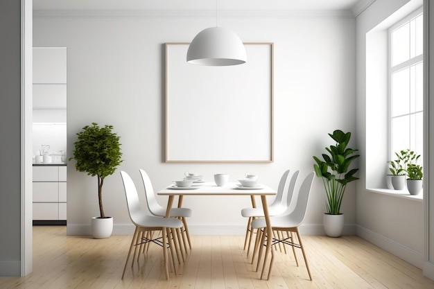Front view of a light dining room with an oak wooden floor a dining table seats and a white wall with an empty poster minimalist design principle a mockup