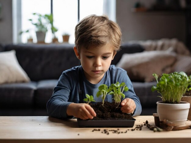 Photo front view of little boy planting sprouts at home ar c