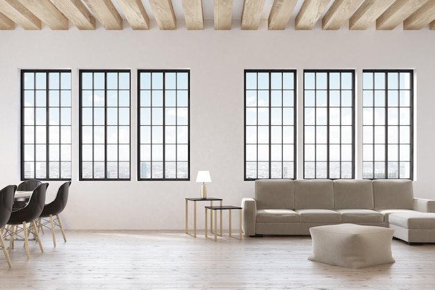 Front view of a living room with many windows, a gray long sofa standing near a coffee table and two chairs. 3d rendering.