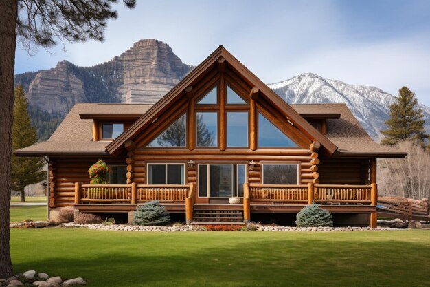 Photo front view of log cabin against mountain backdrop