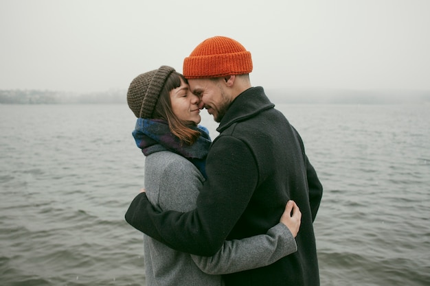 Front view of lovely couple outside