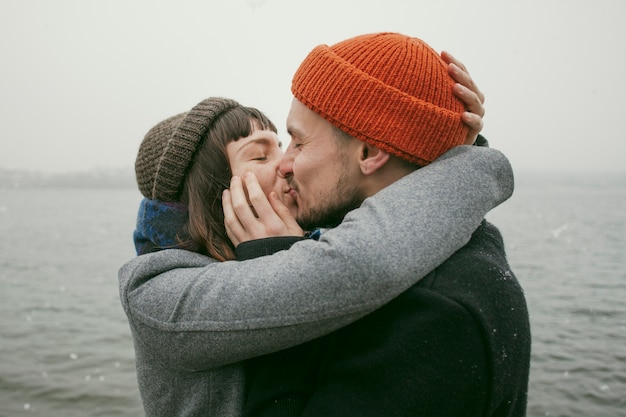 Front view of lovely couple outside