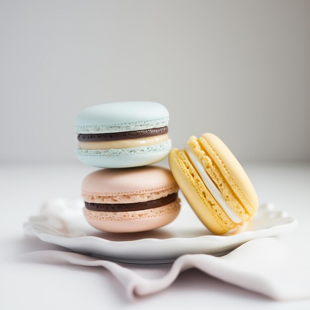 Photo front view macaroons on a white plate