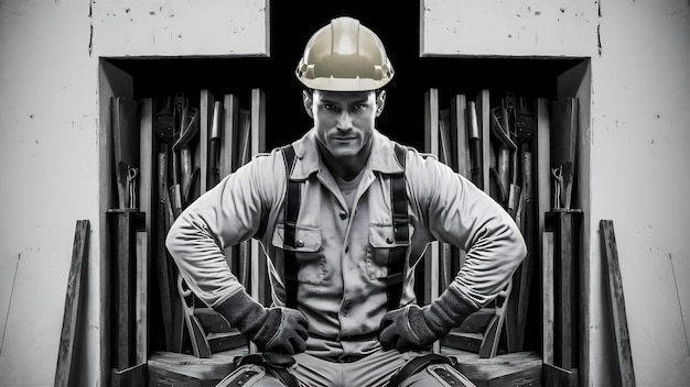 Front view male builder in uniform and yellow helmet on white wall