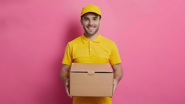 Front view male courier in yellow uniform holding food delivery box and smiling on the pink backgro