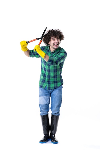 front view male gardener holding garden secateurs on white background ground field tree dig flower water job garden