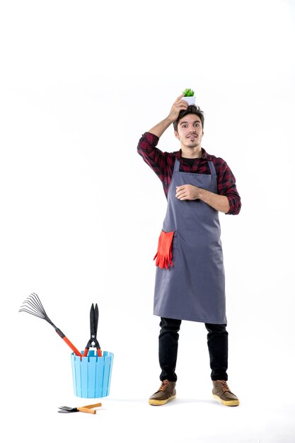 front view male gardener holding little green plant on white background work flower tree soil green garden ground job