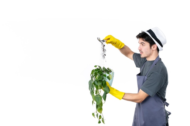 Front view male gardener taking care after little plant in pot on white background work ground tree flower grass job color bush