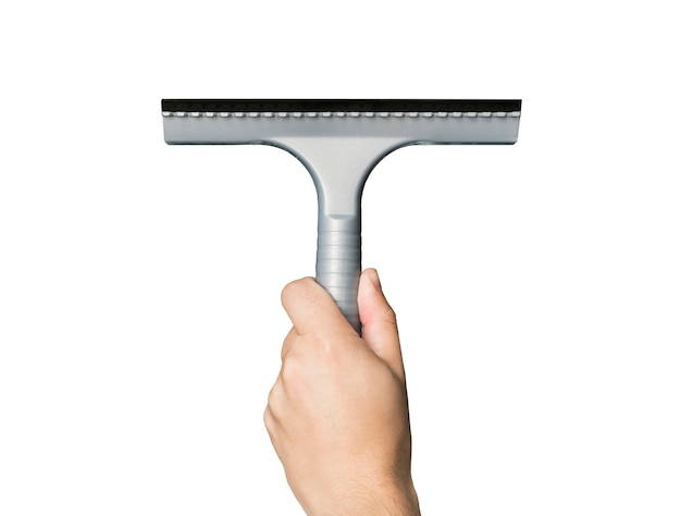 Front view of male hand holding wiper vertically on white background. Grey squeegee in man's hand isolated on white. Cleaning and housekeeping. Process of surface cleaning using scrub. Remove dirt.