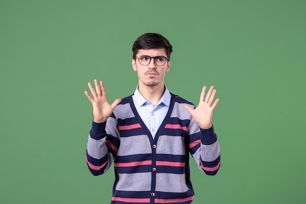 front view male teacher on green background university school student book work lesson woman college library