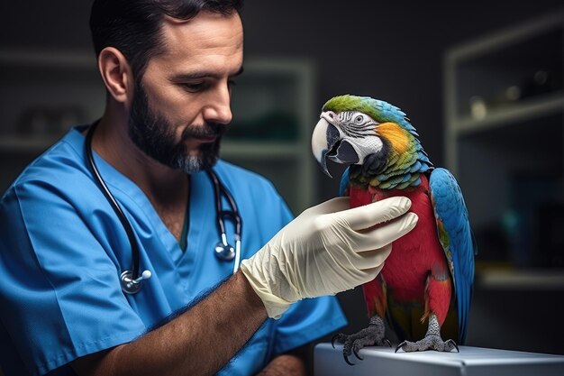 Photo front view of male veterinarian observing parrot