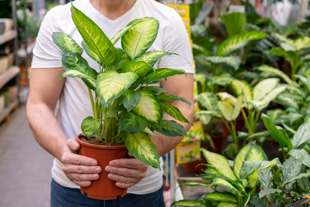 front view man holding house plant