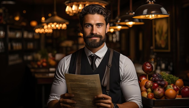 front view man holding menu