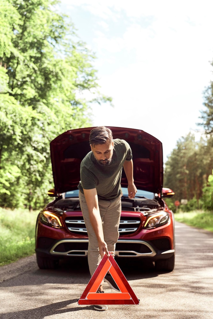 Photo front view of man placing red warning triangle