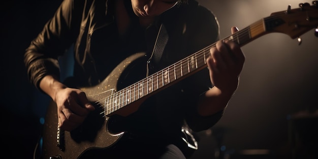 front view of man playing guitar on the stage with cinematic lights at concert