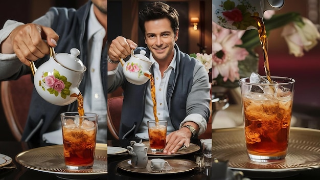 Front view a man pours tea in a glass of armudu from a teapot of tea and holds a glass