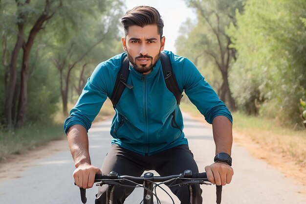 Photo front view man riding bike outdoors