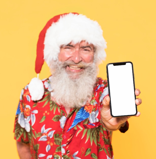 Front view of man with tropical shirt and copy space