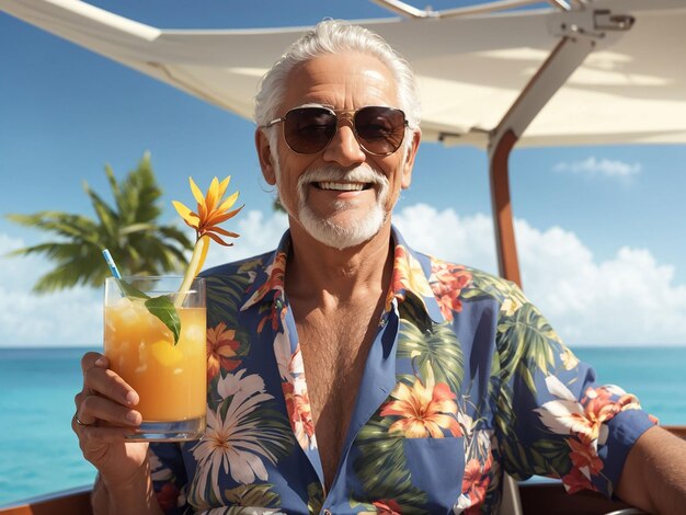 Front view of man with tropical shirt on summer vacation