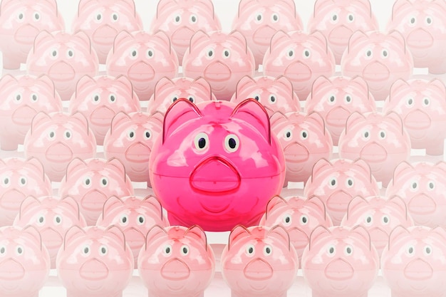 Front view of many piggy banks