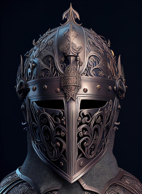 Front view of medieval knight helmet isolated on the black background created with generative AI