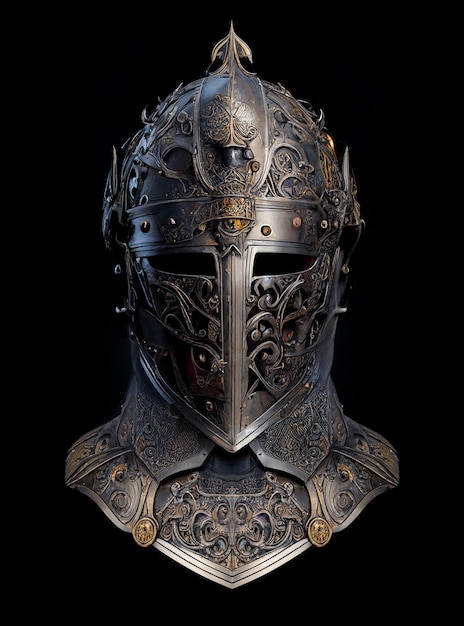 Front view of medieval knight helmet isolated on the black background created with generative AI