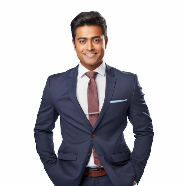 Front view mid body shot of an extremely handsome Indian male model dressed as a News Anchor